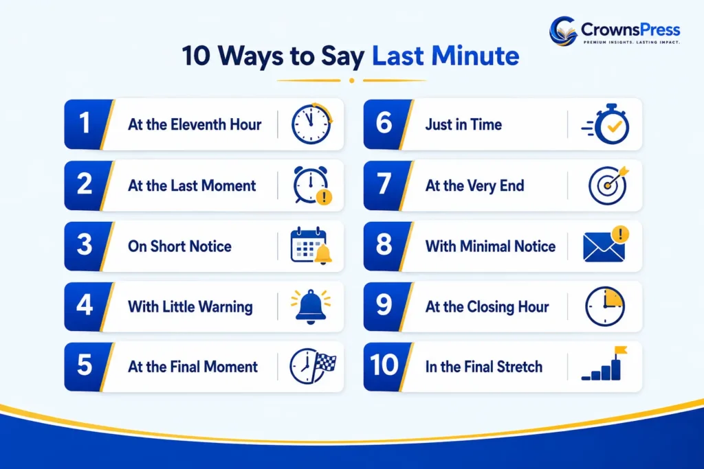 10 ways to say last minute including at the eleventh hour and on short notice