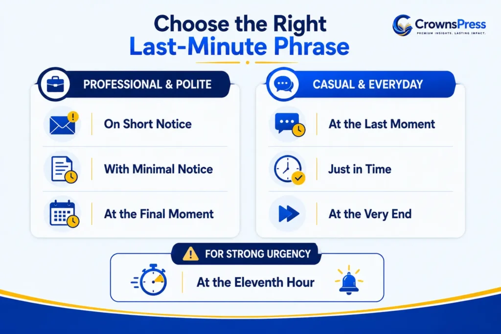 Professional and casual alternatives to say last minute in English