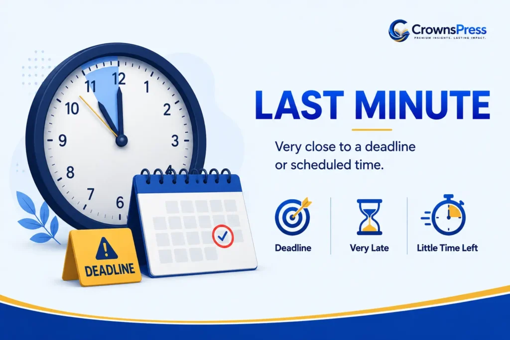 What does last minute mean in English with a deadline clock and calendar